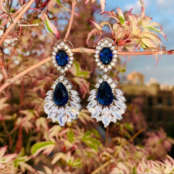 Blue Tear Drop Sapphire Crystal Silver Earrings - Picture 3 of 16